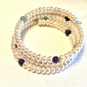 Button Pearl Colorful Gemstone Bangle Wrap Bracelet